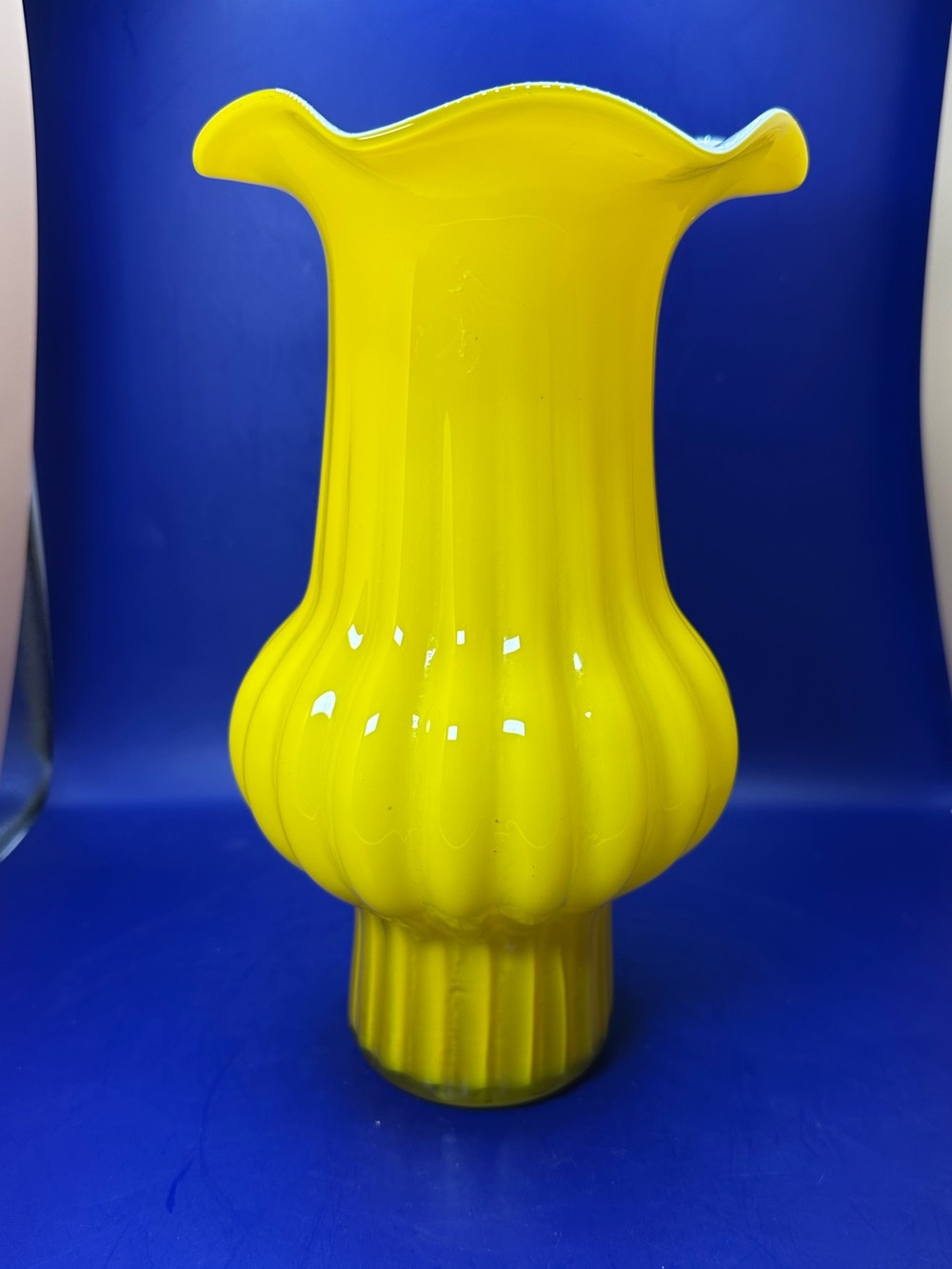 Ruffled and Ribbed Cased Yellow Glass Vase with White Interior Possibly Empoli.